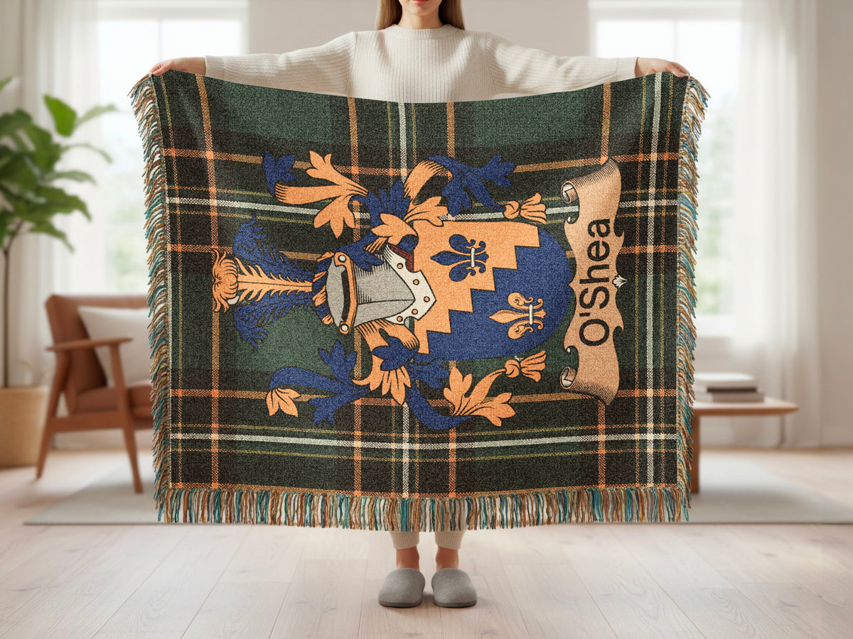 O'Shea Irish heirloom woven blanket with decorative fringe