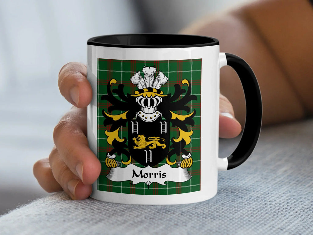 Morris Welsh coat of arms accent mug with black rim and family crest on Welsh National Tartan