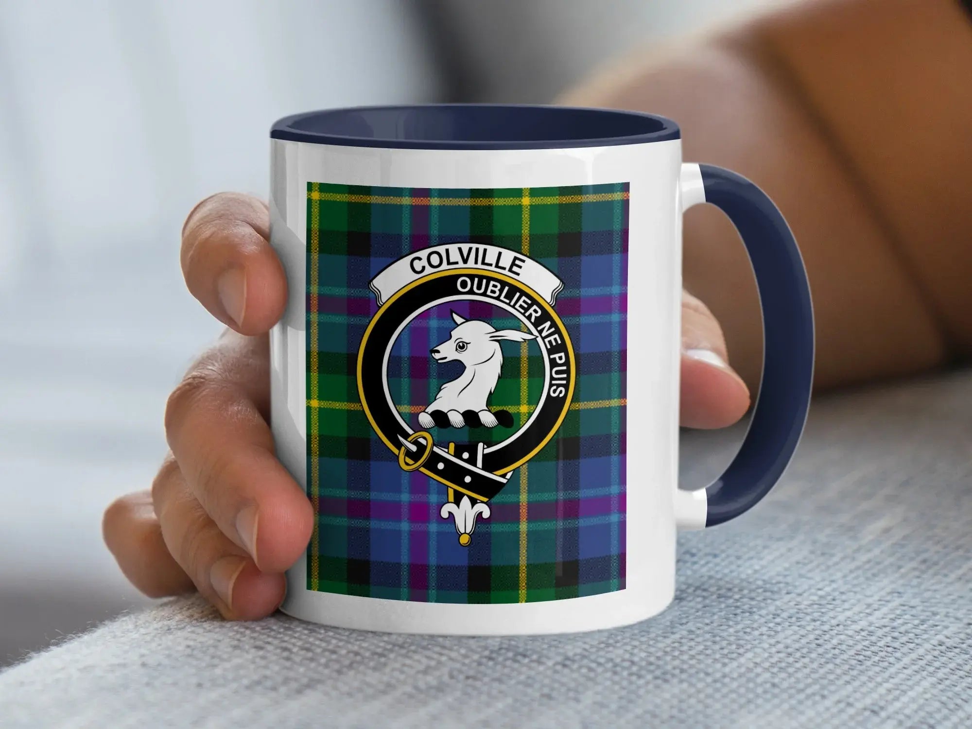 Colville Oublier Ne Puis Family Crest Tartan Mug