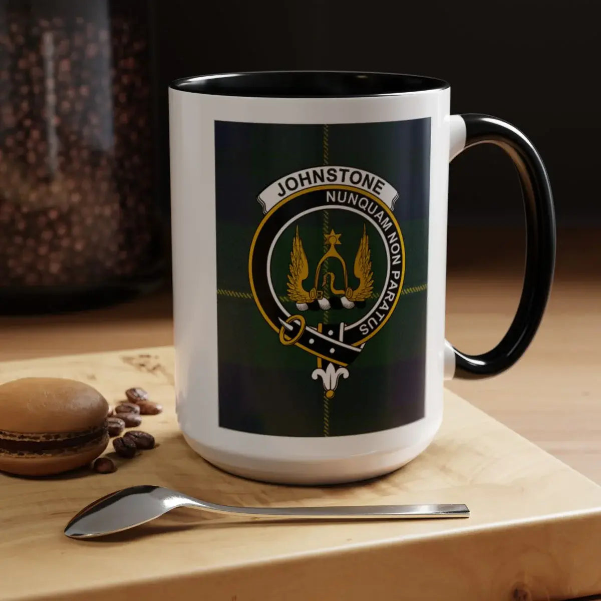 Johnstone clan crest mug with Nunquam Non Paratus motto — 11oz glossy white ceramic