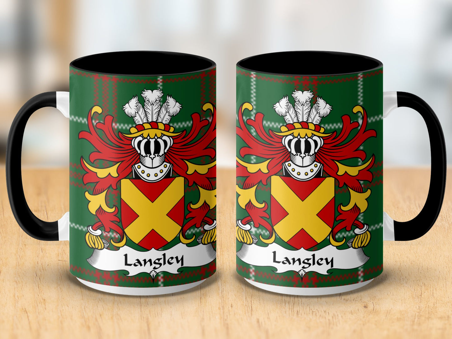 Langley Family Crest on Welsh Tartan Background Mug - Living Stone Gifts