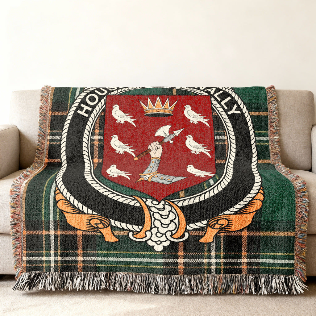 MacNally Irish National Tartan woven blanket displayed on a sofa
