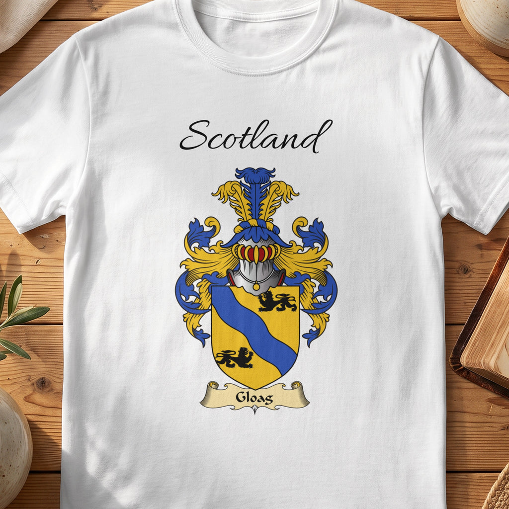 White Gloag Scottish family shield T-shirt featuring a blue wavy diagonal band on gold