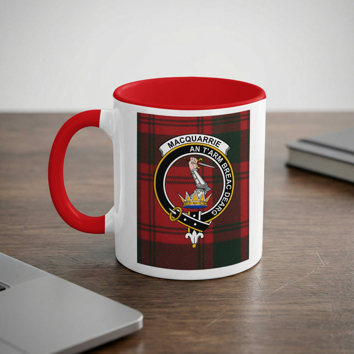 MacQuarrie Scottish clan crest artwork on an 11 oz red accent mug with a tartan background