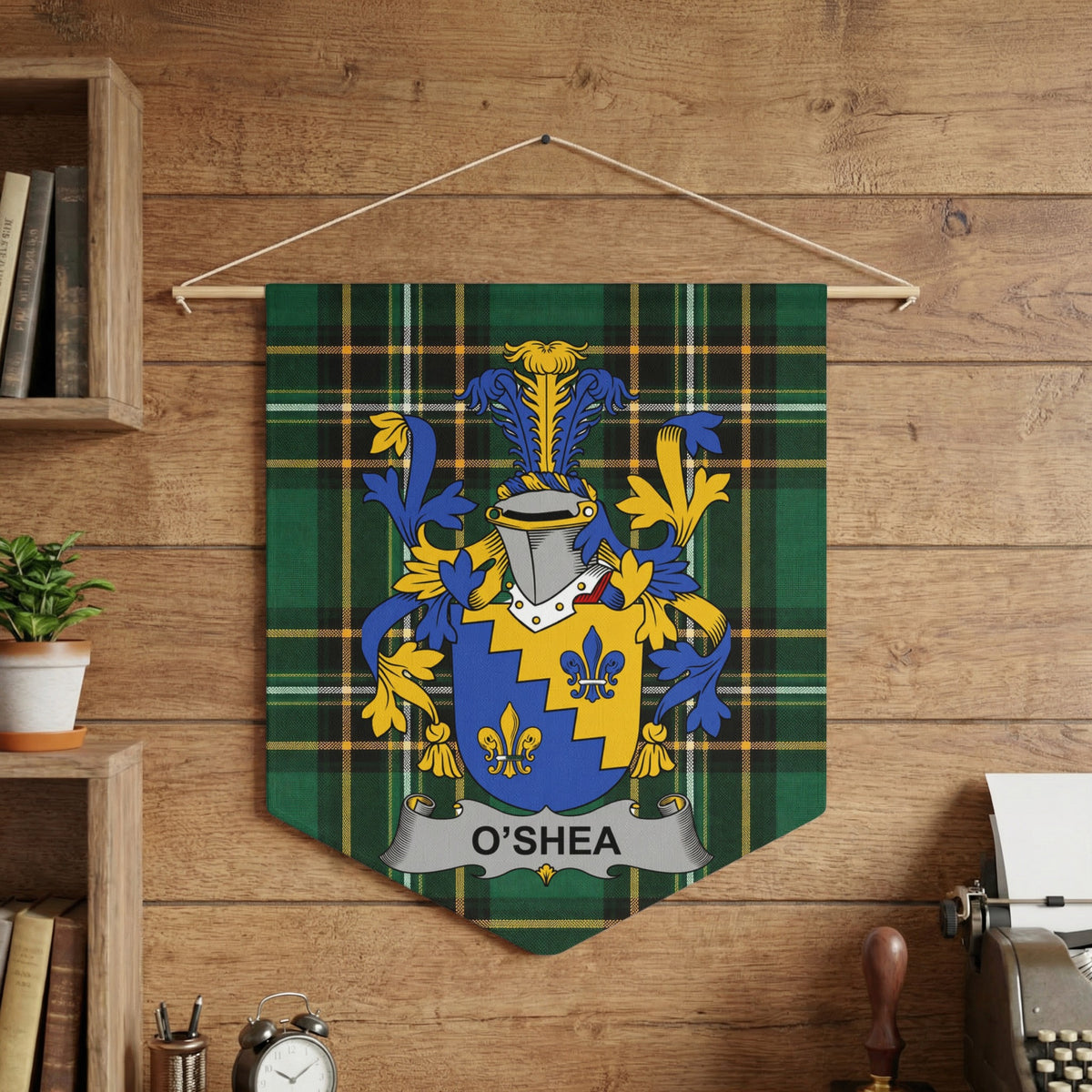 O'Shea surname artwork on a green tartan wall pennant