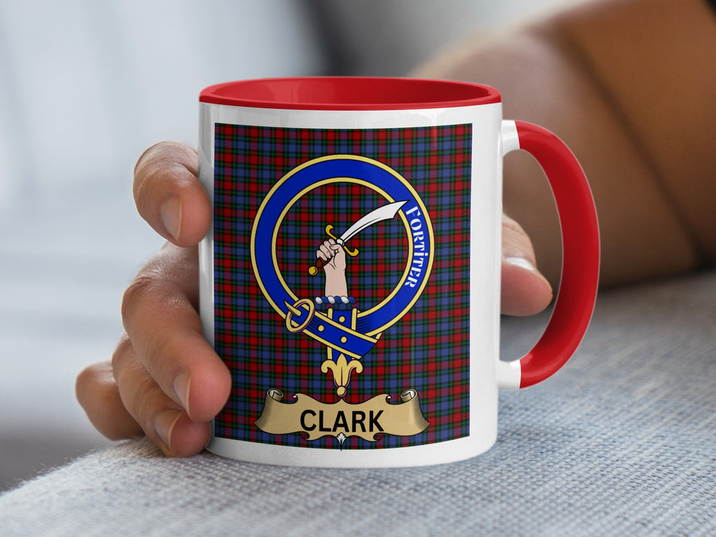 Clark clan tartan crest mug with red handle and interior — 11oz ceramic