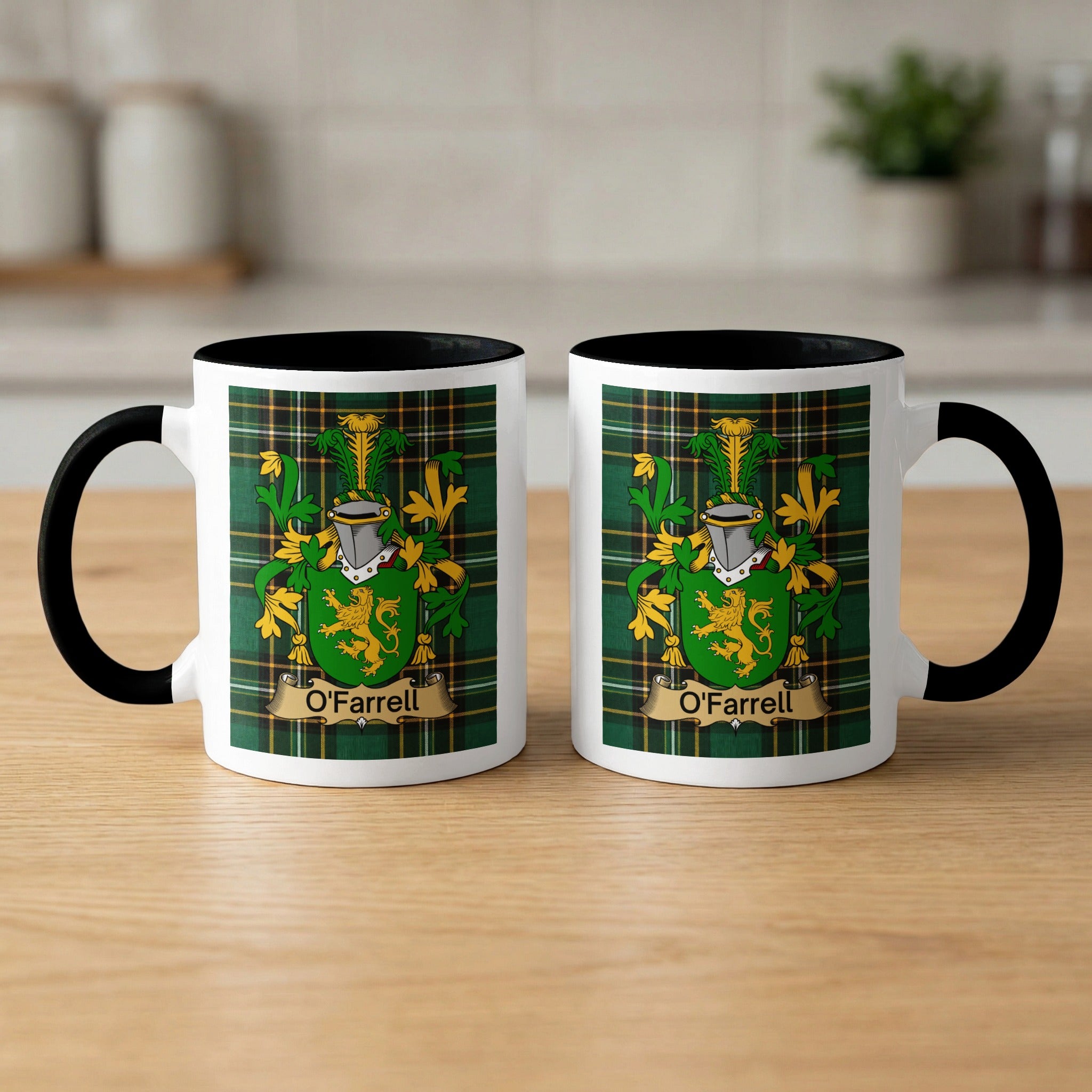 Pair of O'Farrell Irish National Tartan family crest mugs