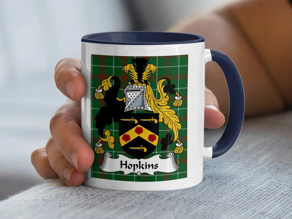 Hopkins Welsh family crest mug with navy accent on green and red tartan