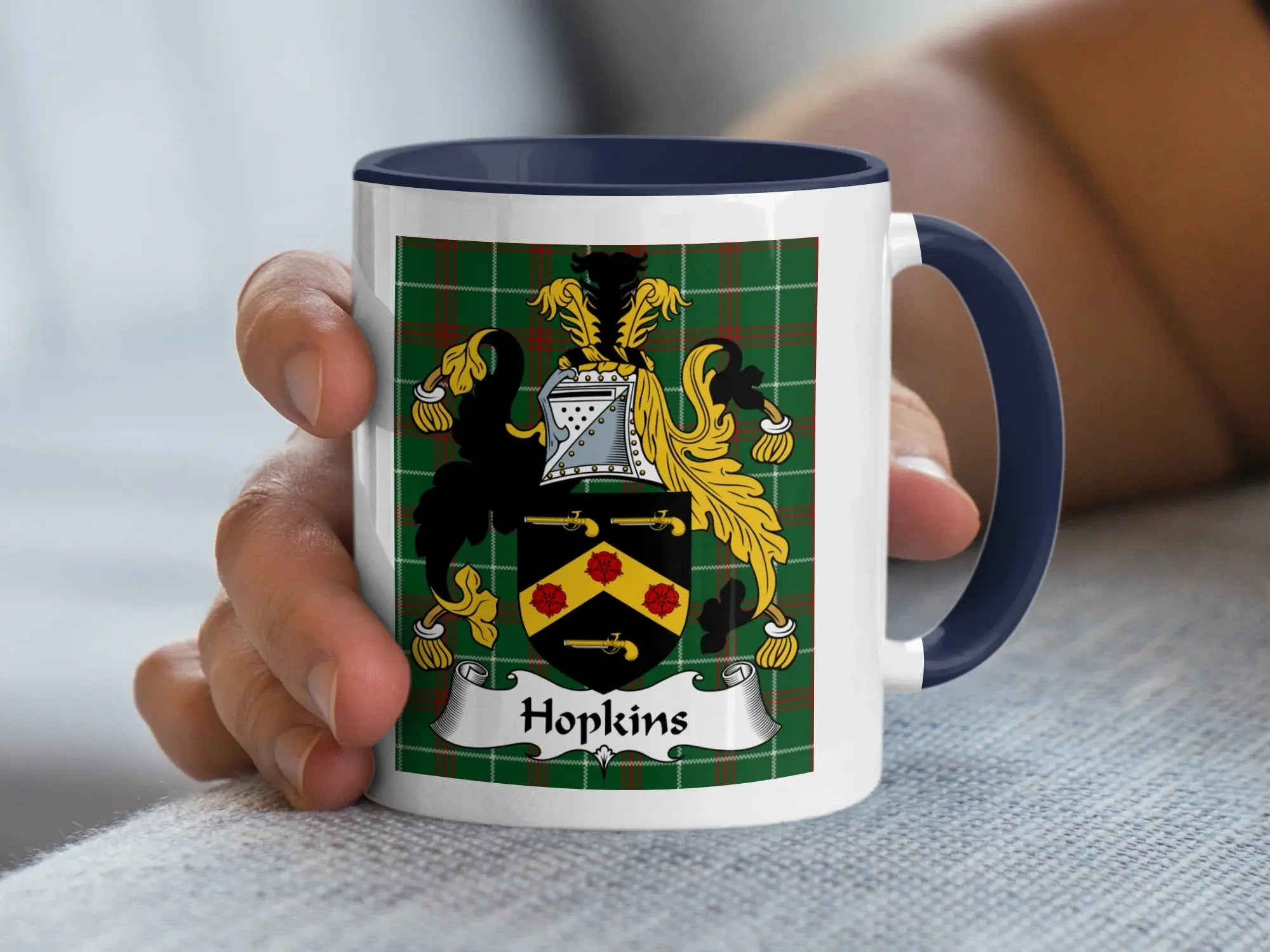 Hopkins Welsh family crest mug with navy accent on green and red tartan