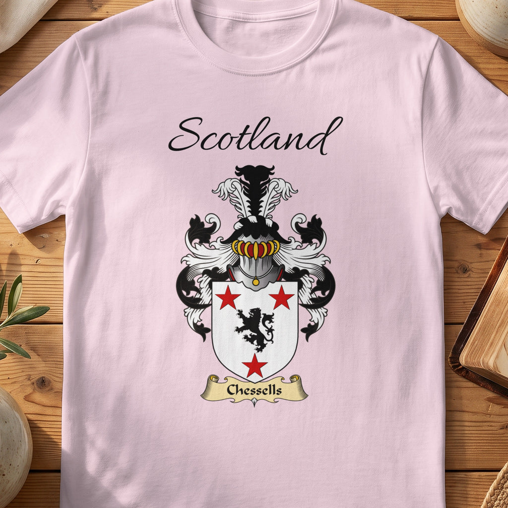 Light Pink Chessells Scottish family shield T-shirt featuring a black lion between red stars