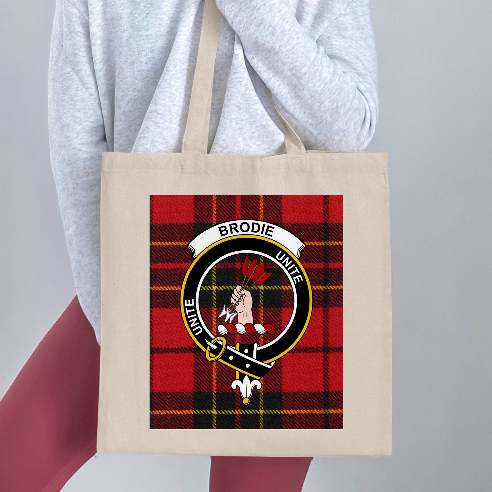 Brodie Scottish Clan Crest on Tartan Background Tote Bag - Living Stone Gifts