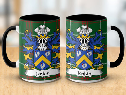 Jenkin Welsh Surname Coat of Arms on Tartan Background Mug - Living Stone Gifts