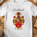 White Croe Scottish family shield T-shirt featuring three gold ring motifs on red