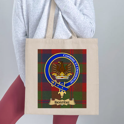 Bontine Clan Crest on Tartan Background Tote Bag - Living Stone Gifts