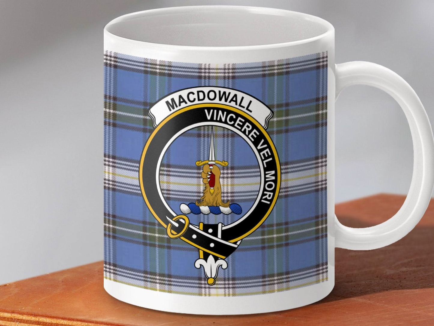 Macdowall Family Crest Design Blue Tartan Mug product type