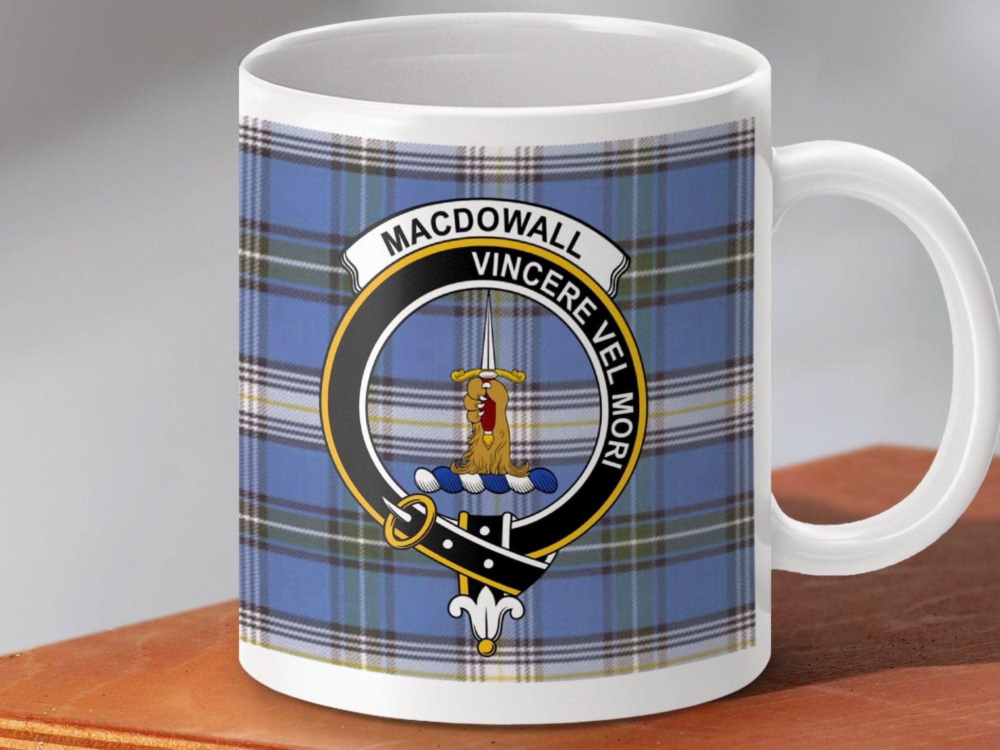 Macdowall Family Crest Design Blue Tartan Mug product type