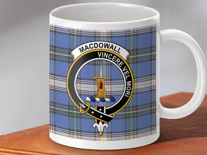 Macdowall Family Crest Design Blue Tartan Mug product type