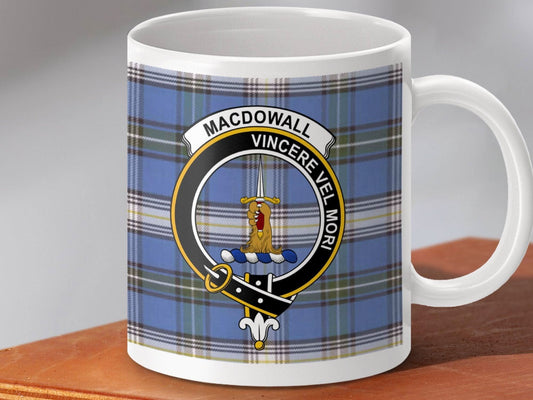 Macdowall Family Crest Design Blue Tartan Mug product type