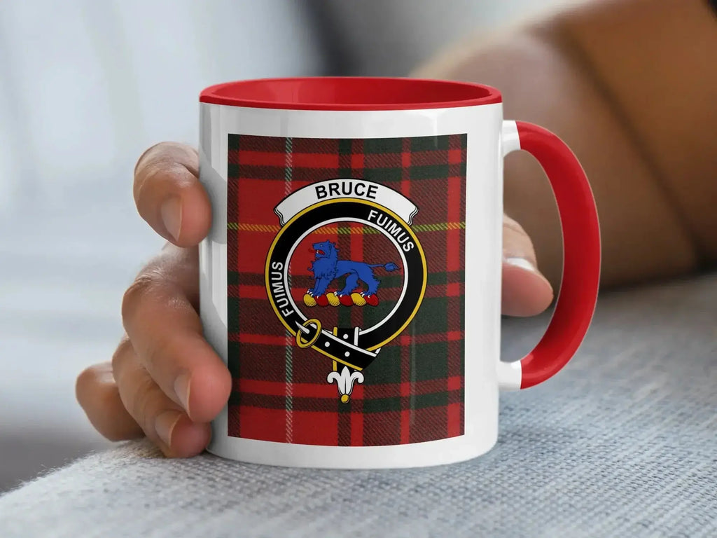 Bruce tartan mug top-down view — black interior and handle, blue lion crest visible from above