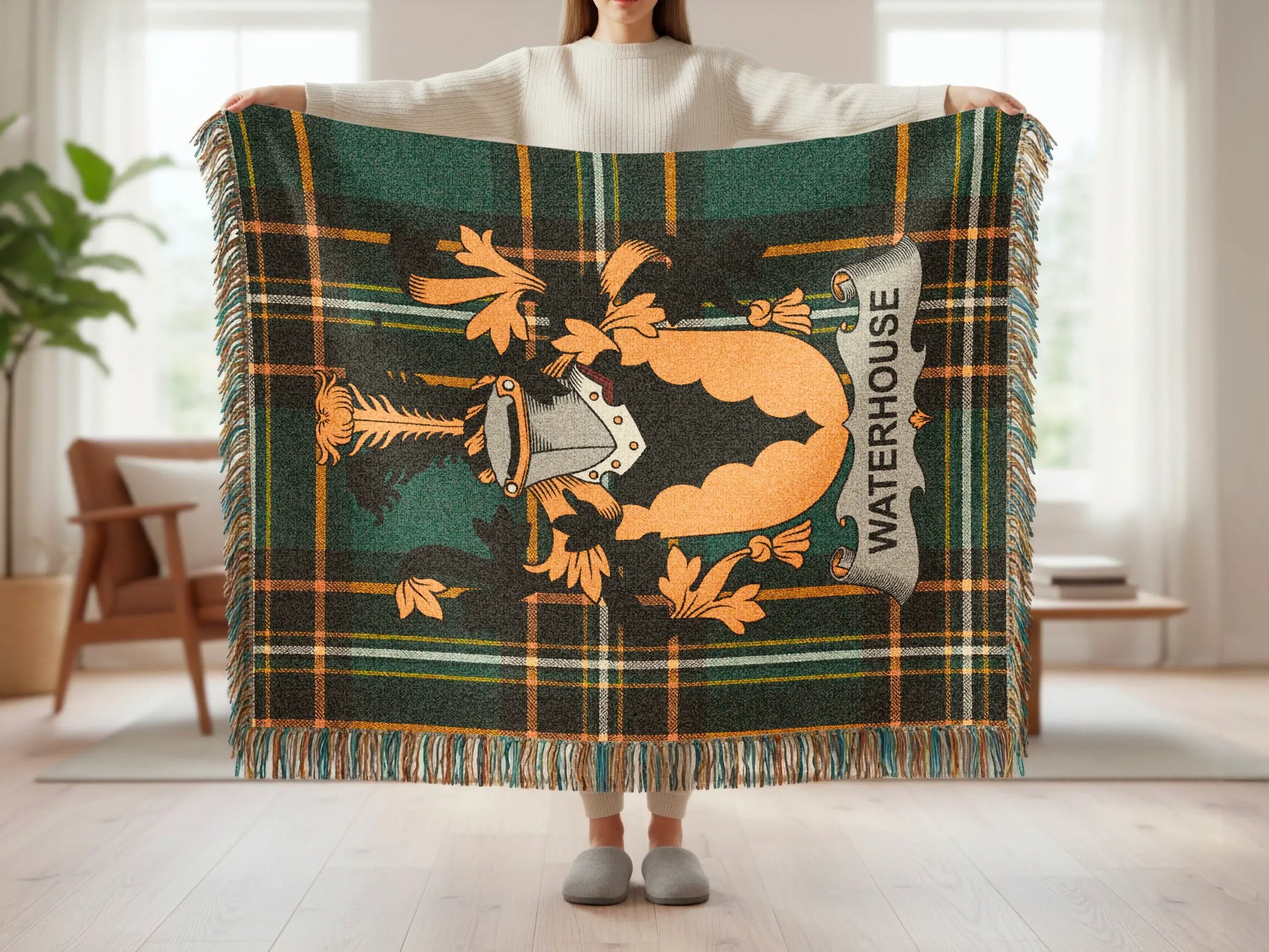 Tartan blanket with Waterhouse crest in orange and beige.
