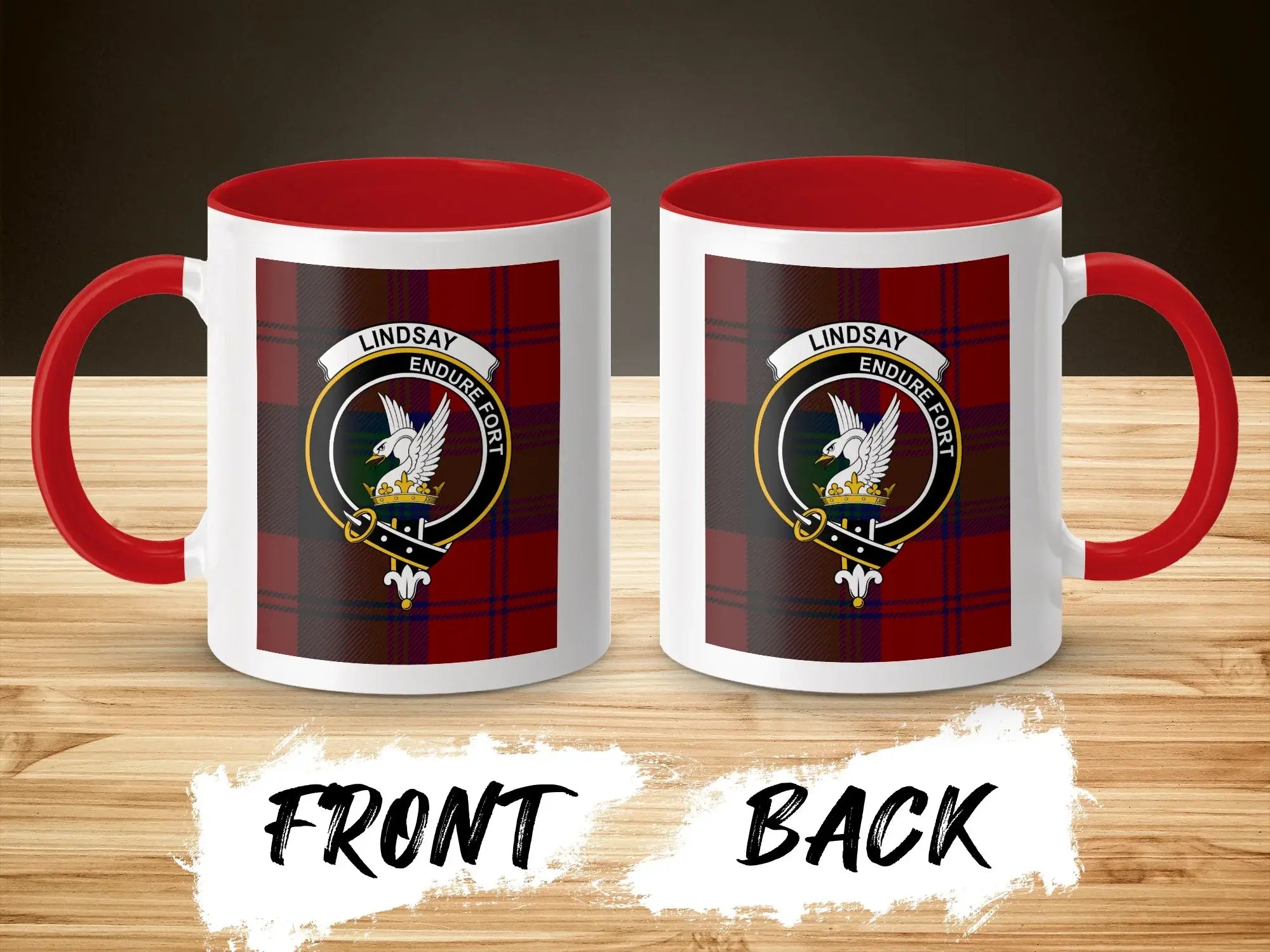 Lindsay Endure Fort crest plaid design ceramic mug with red handle — clan design on 11oz