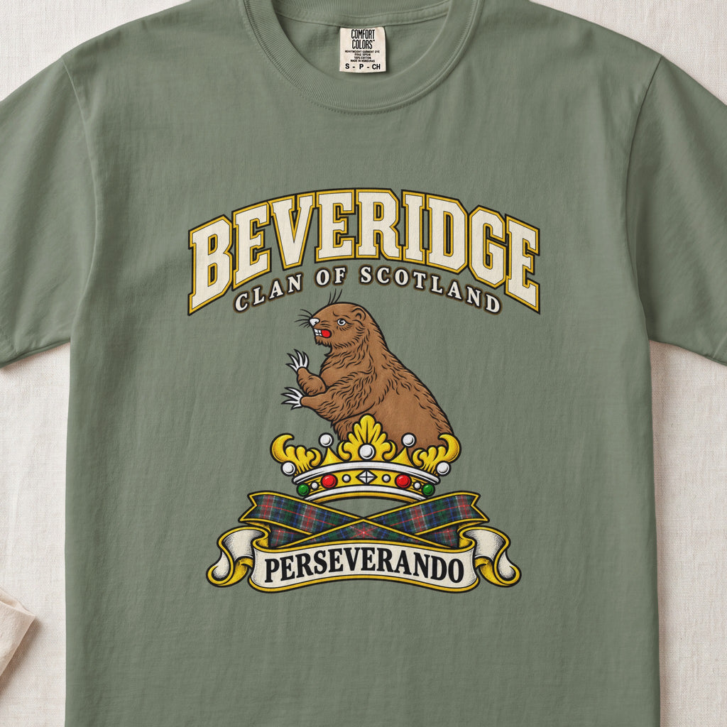 Beveridge Scottish clan T-shirt in Moss, front view with a brown beaver above a gold crown and motto banner.