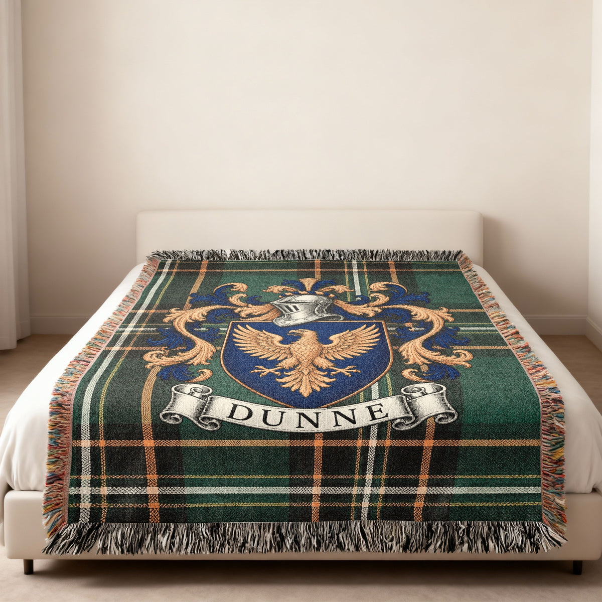 Dunne Irish National Tartan family crest woven throw displayed in a home setting