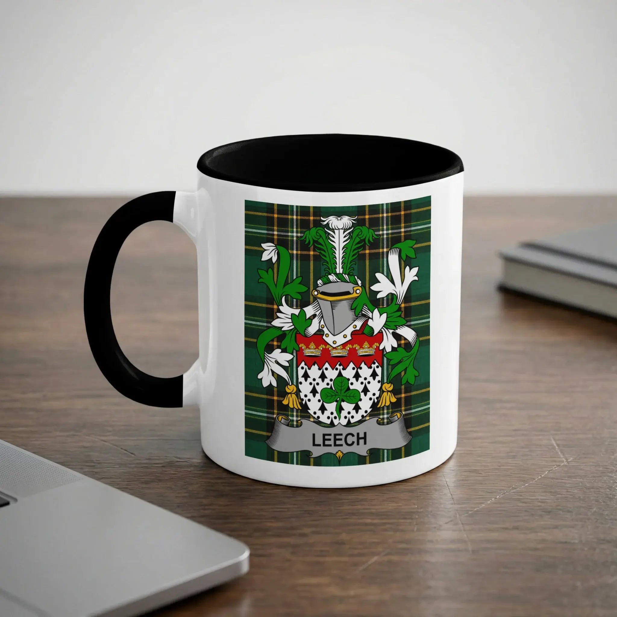 Leech Irish heritage mug with black handle and family crest