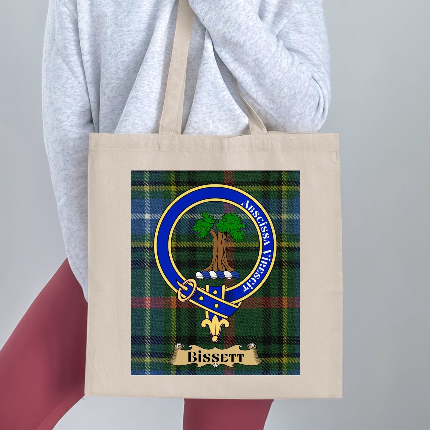 Bissett Clan Crest on Scottish Tartan Background Tote Bag - Living Stone Gifts