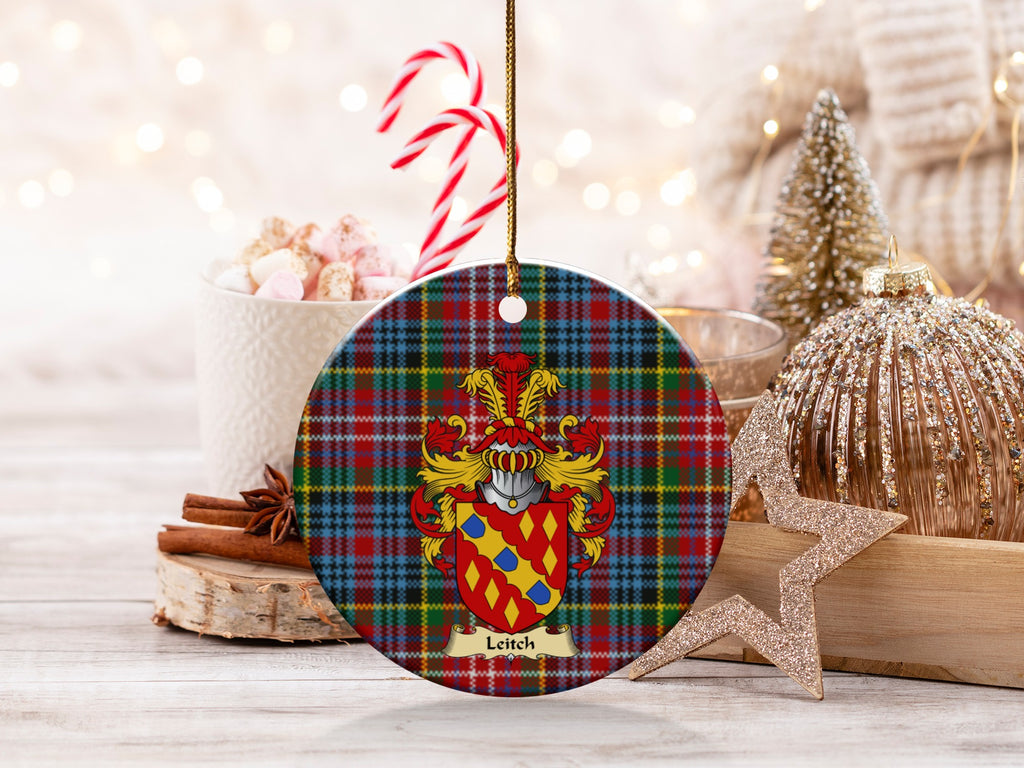 Double-sided Leitch ceramic ornament with family shield and Caledonia tartan background
