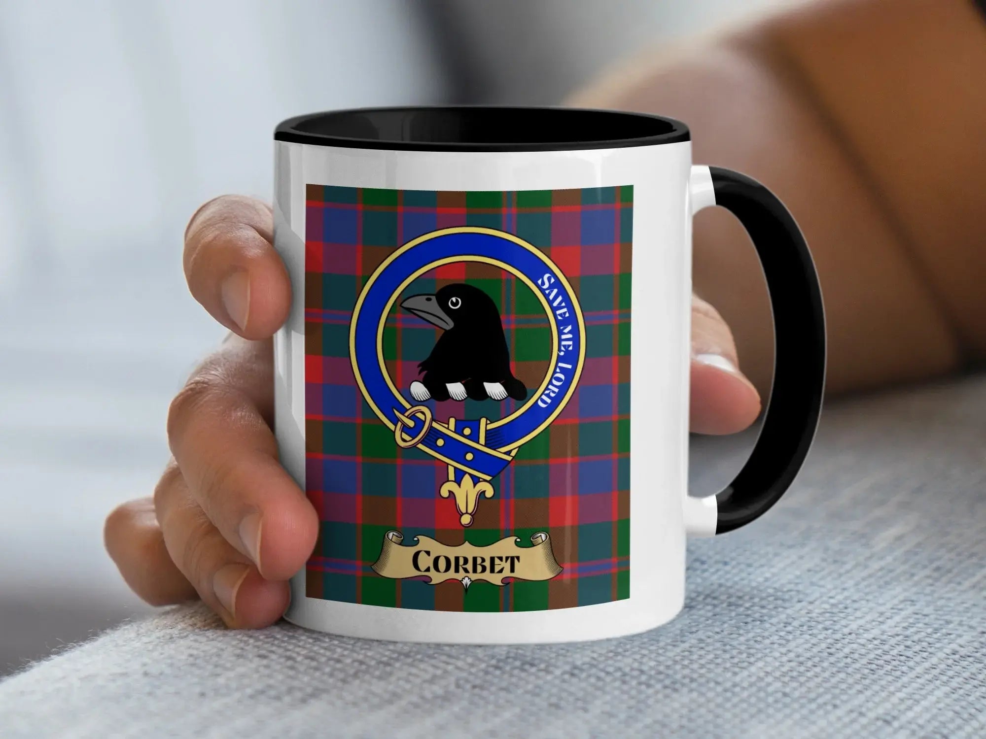 Corbet tartan mug with a coloured accent handle and interior
