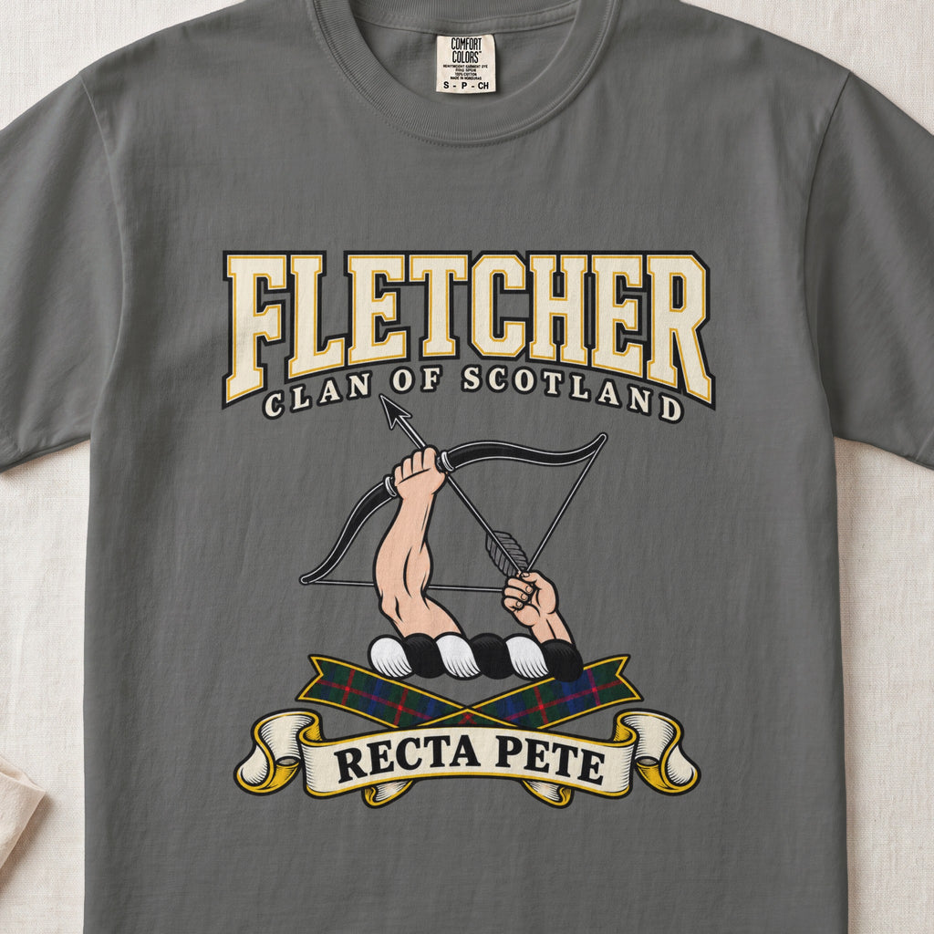 Fletcher Scottish clan graphic T-shirt in Pepper, front view