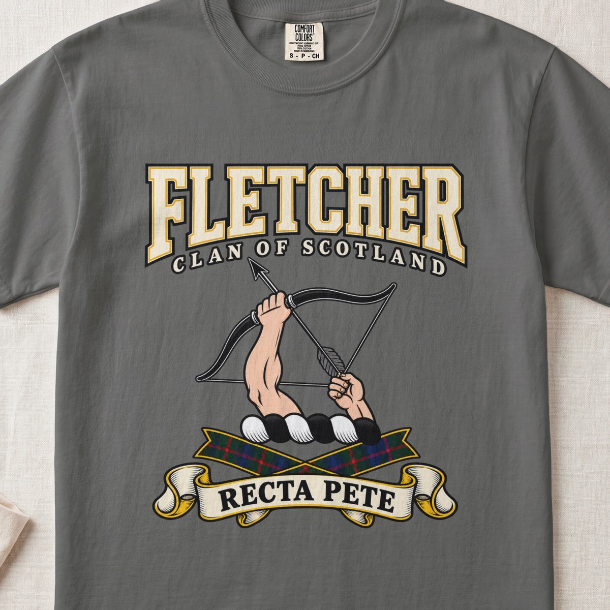 Fletcher Scottish clan graphic T-shirt in Pepper, front view