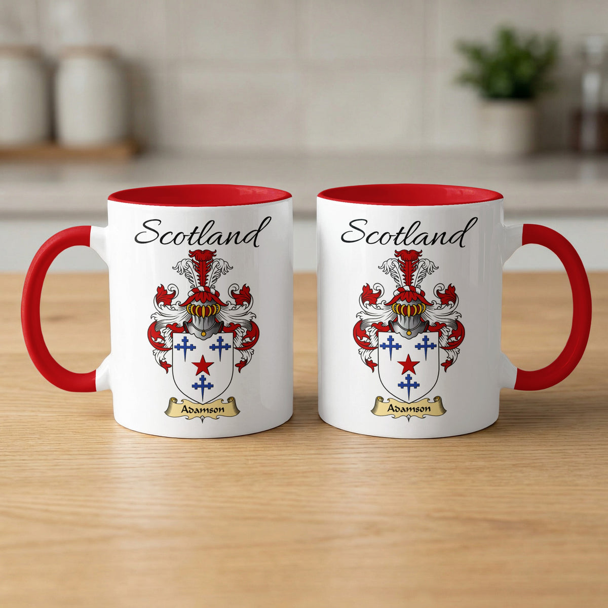 Adamson 11 oz Scottish family crest ceramic mug with a Scotland-topped heraldic emblem