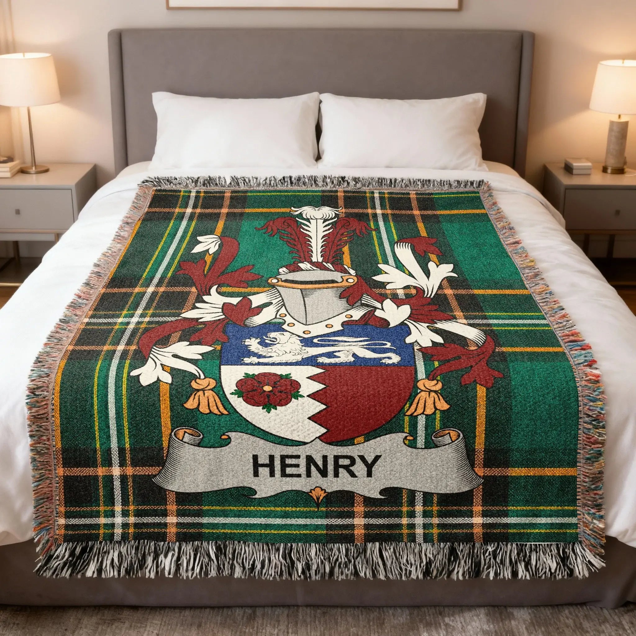Tartan blanket with a family crest featuring "HENRY" across the shield.