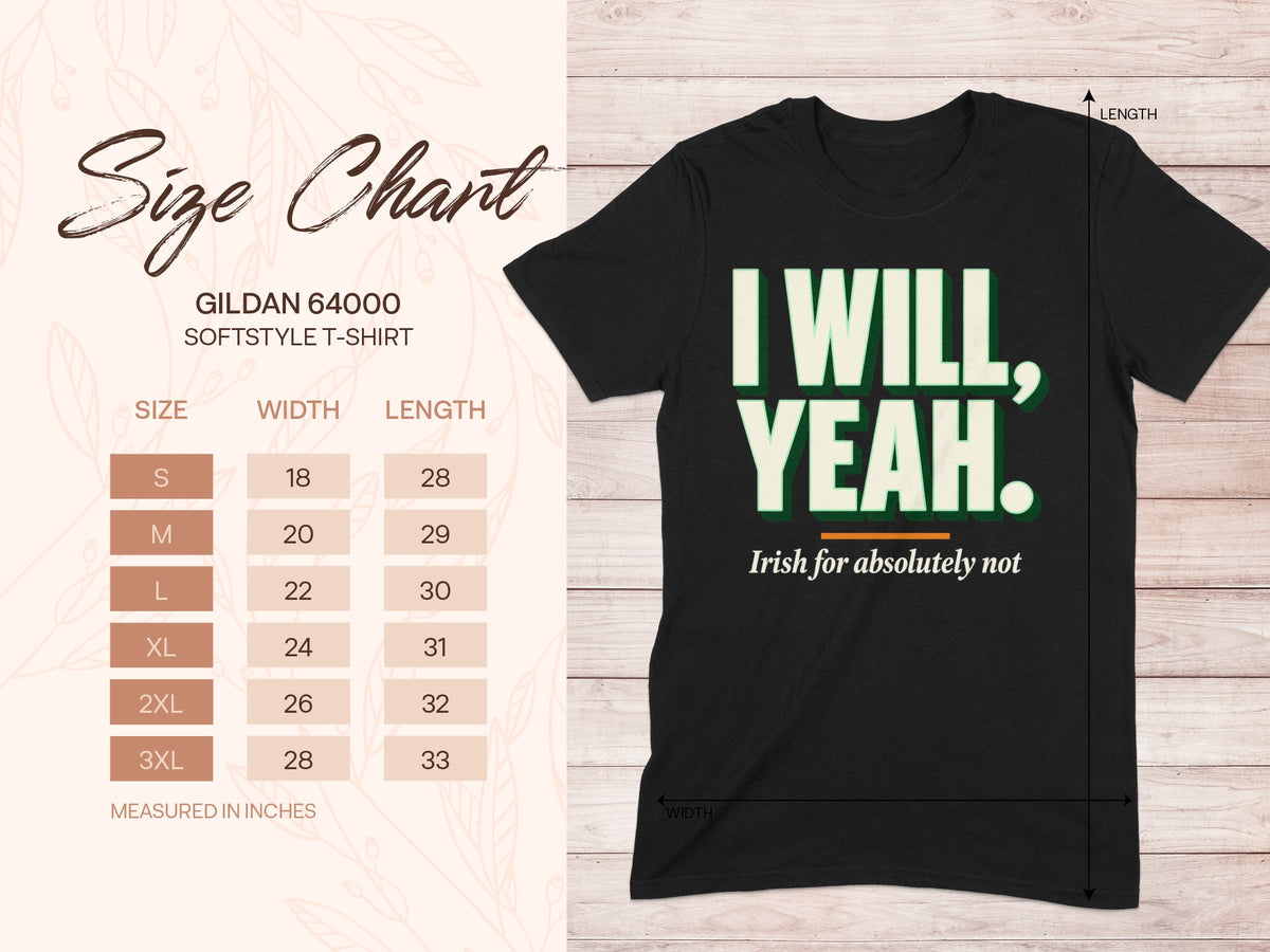 Gildan 64000 unisex T-shirt size chart with width and length measurements