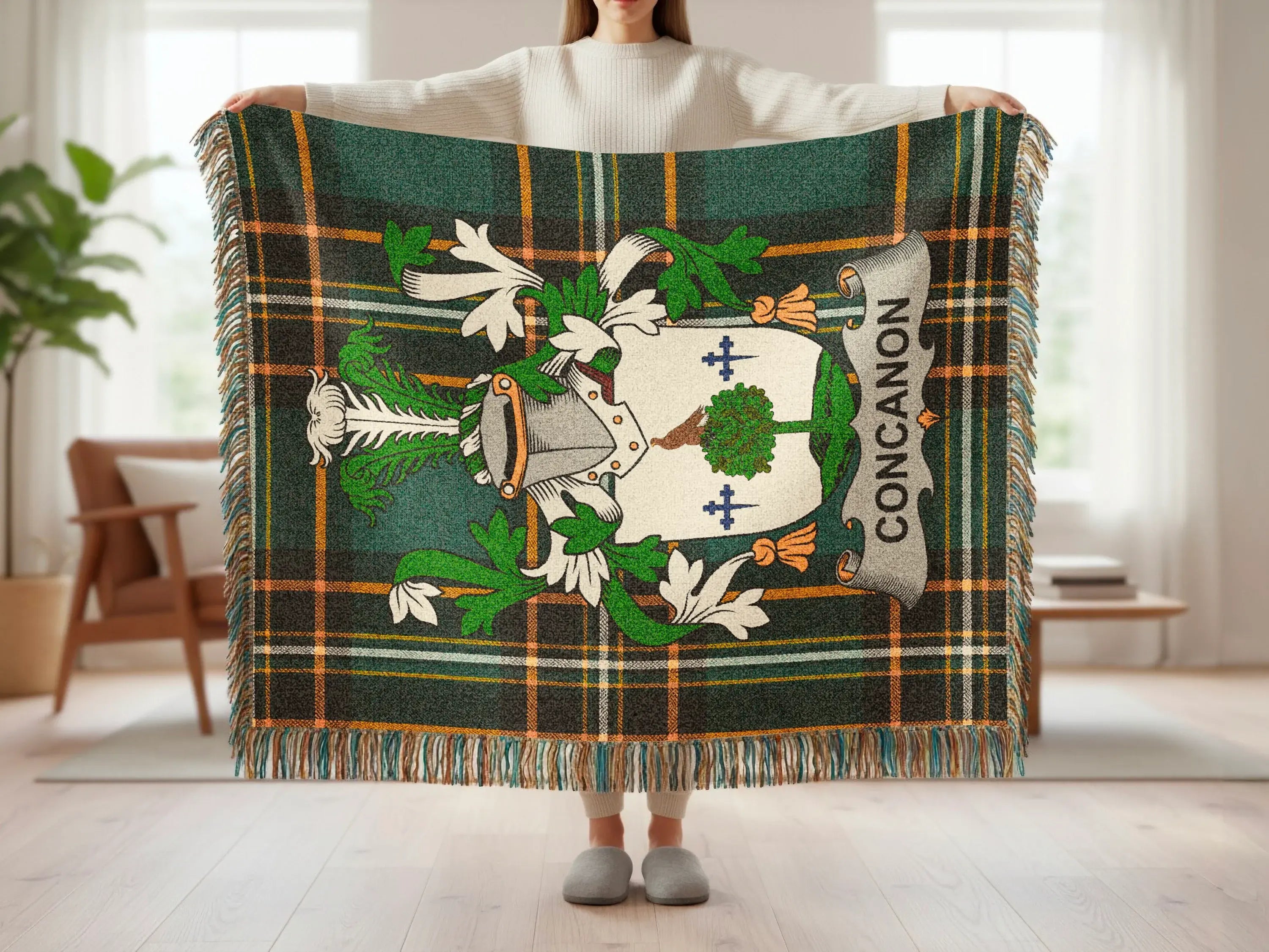 CONCANON Plaid Family Crest Fringe Throw product type