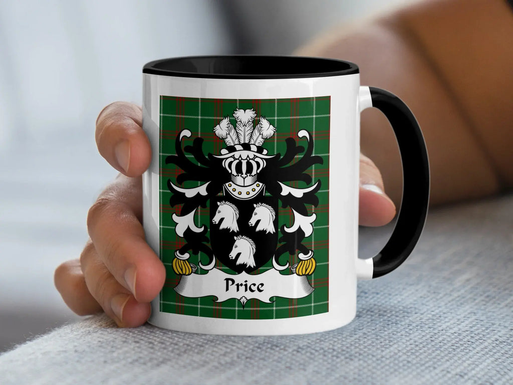 Price Welsh coat of arms accent mug with black rim and family crest on Welsh National Tartan