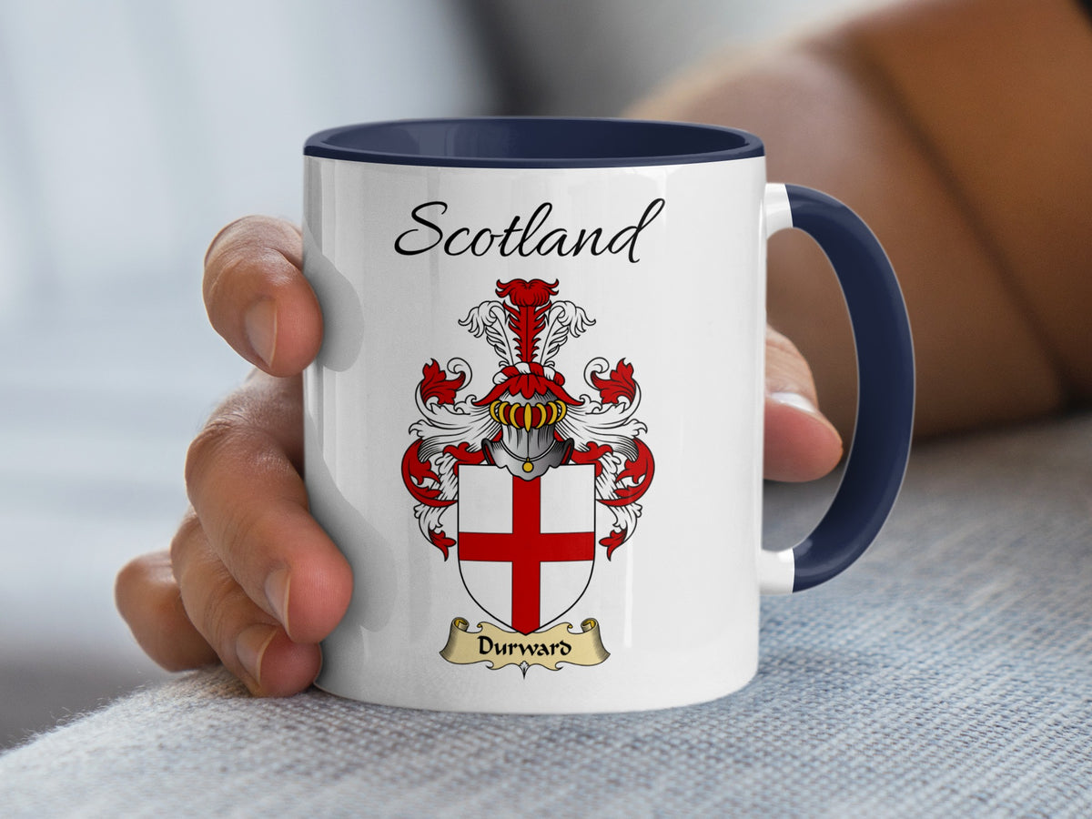 White Durward Scottish mug with navy handle, showing the family emblem and Scotland text