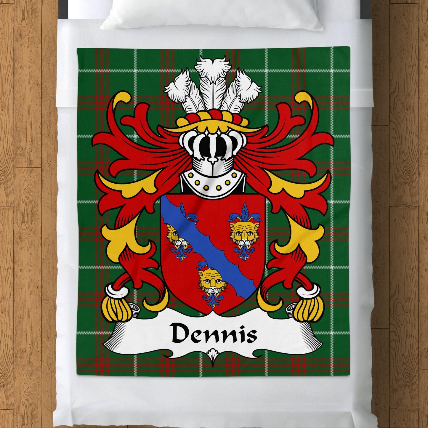 Dennis Welsh Surname Coat of Arms on Tartan Background Blanket - Living Stone Gifts