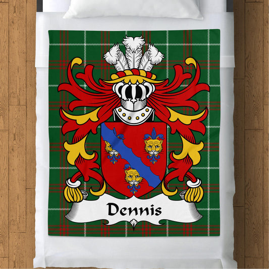 Dennis Welsh Surname Coat of Arms on Tartan Background Blanket - Living Stone Gifts