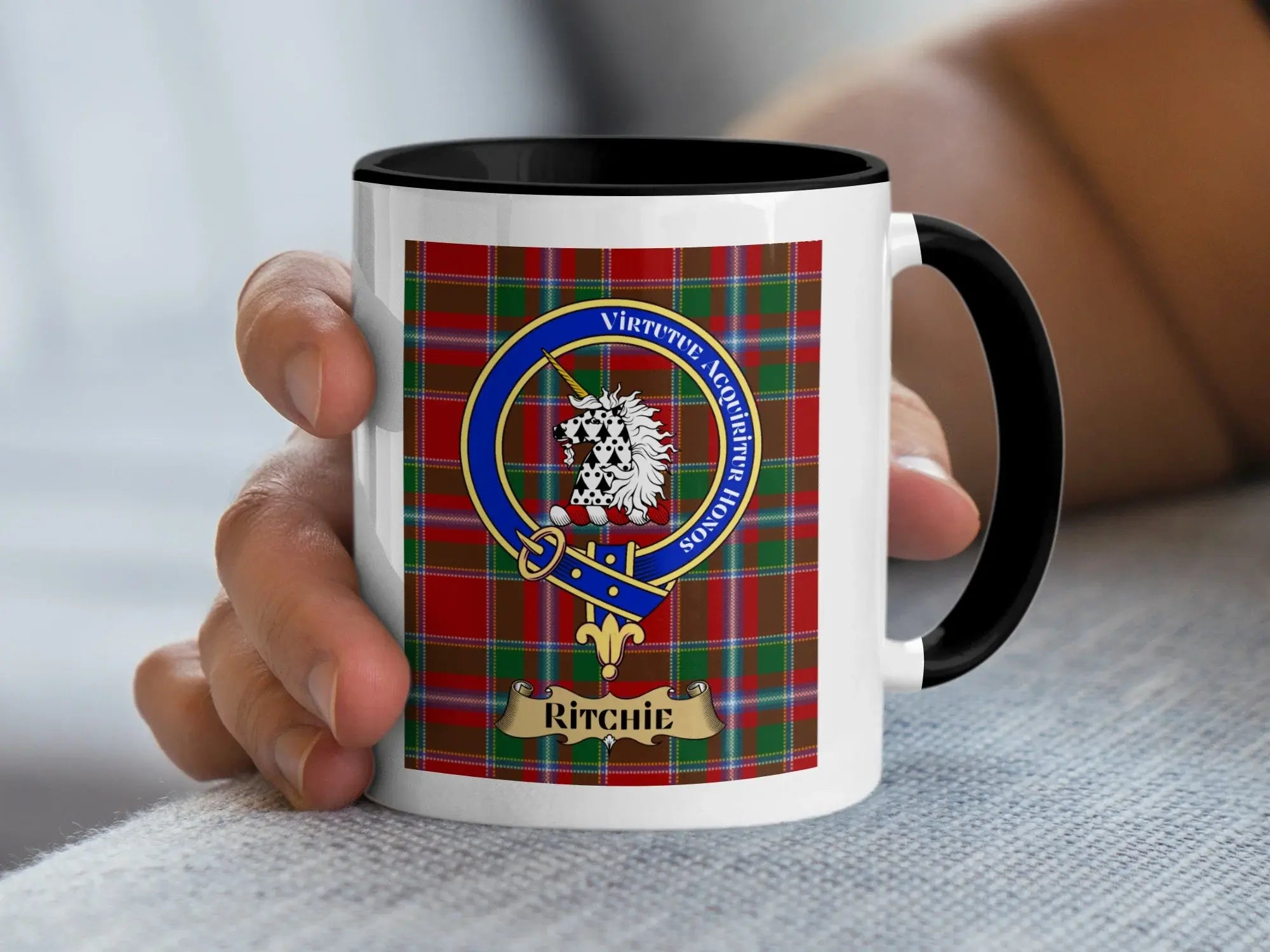 Clan Ritchie Tartan Pattern Mug with Crest Design