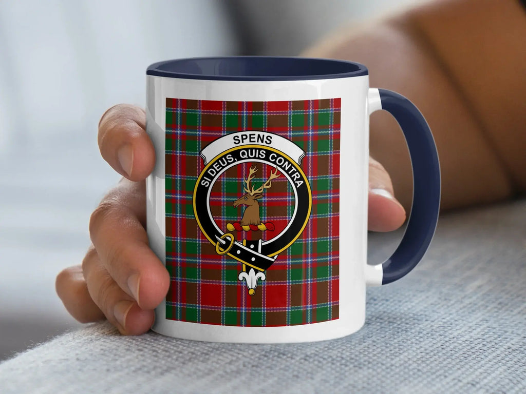 Clan Spens si deus quis contra tartan badge mug — 11oz ceramic with black handle