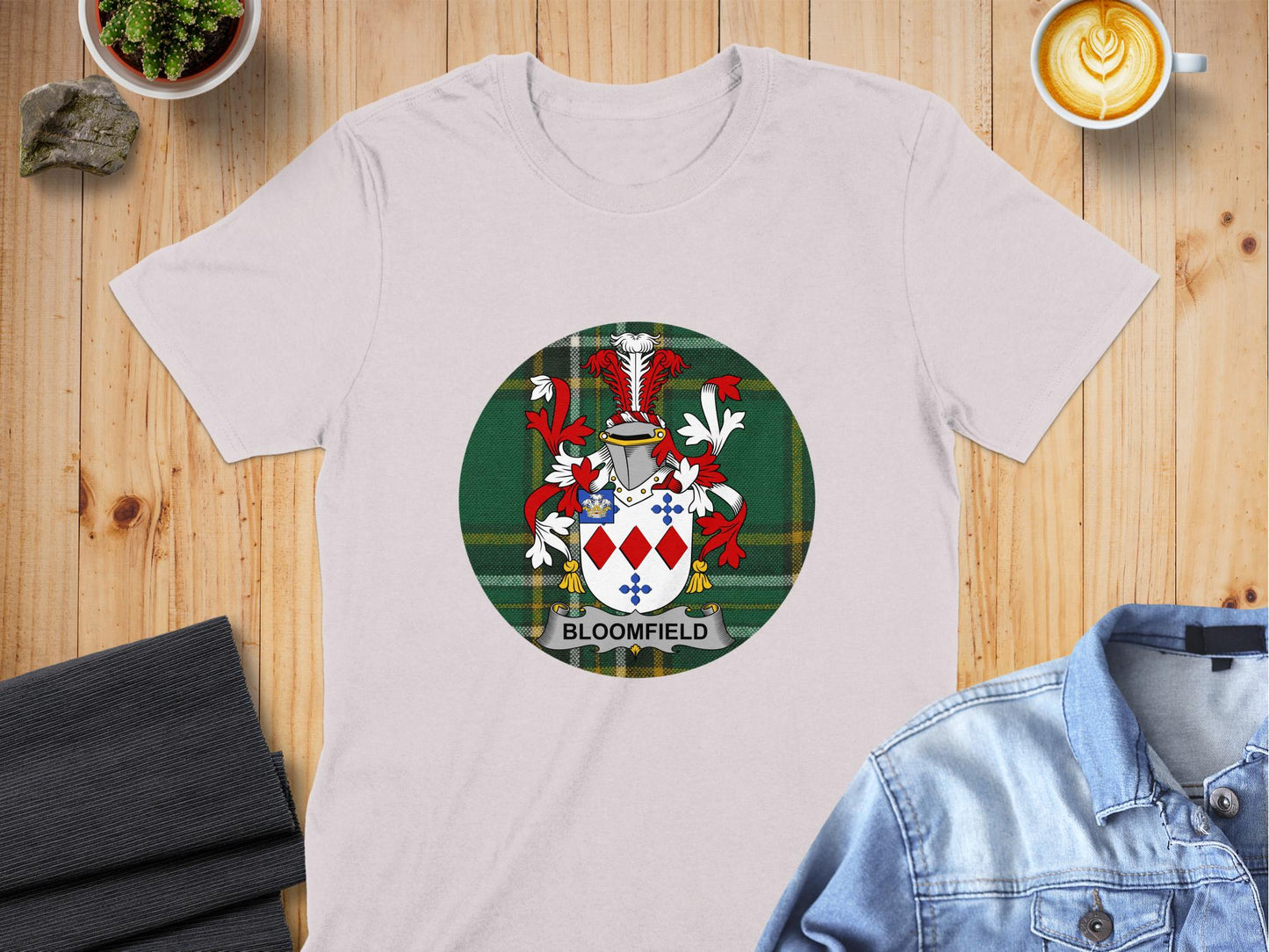 Bloomfield Family Crest Tartan Background T-Shirt - Living Stone Gifts