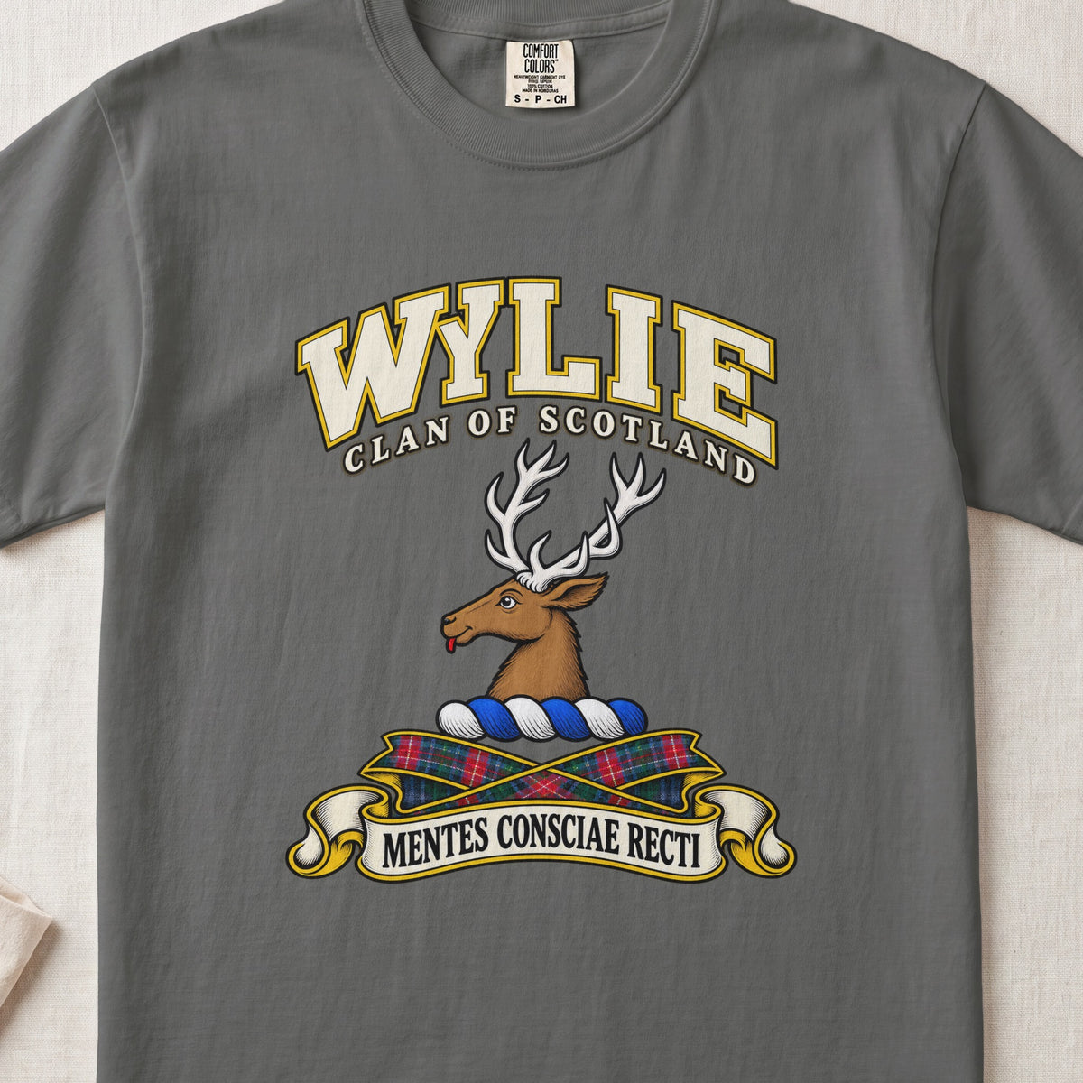 Wylie Scottish clan T-shirt in Pepper, front view with a brown stag head with white antlers and motto banner.