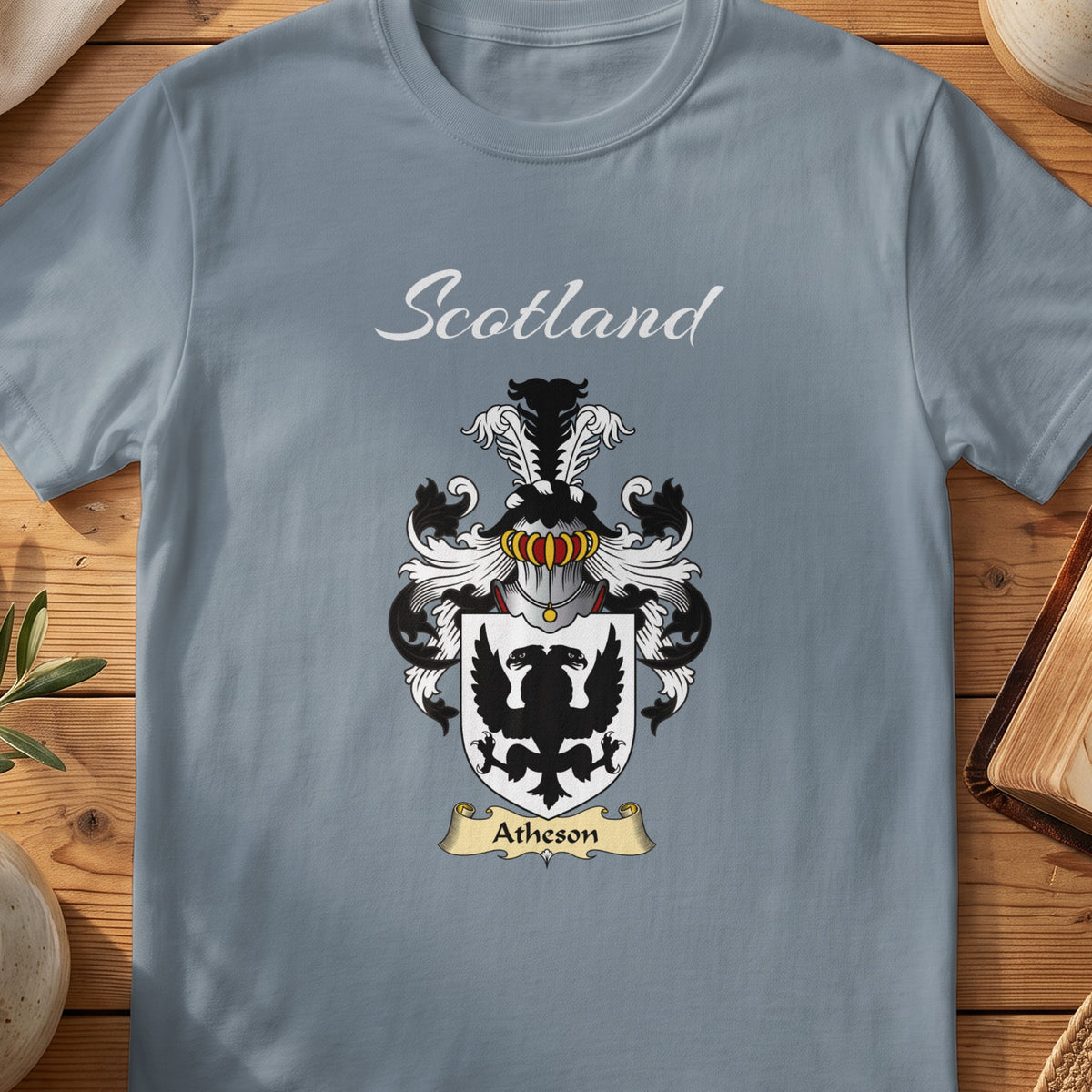 Atheson Scottish family shield T-shirt in Stone Blue