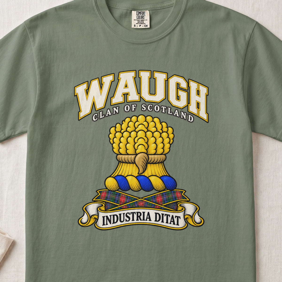 Waugh Scottish clan T-shirt in Moss, front view with a gold sheaf of wheat and motto banner.