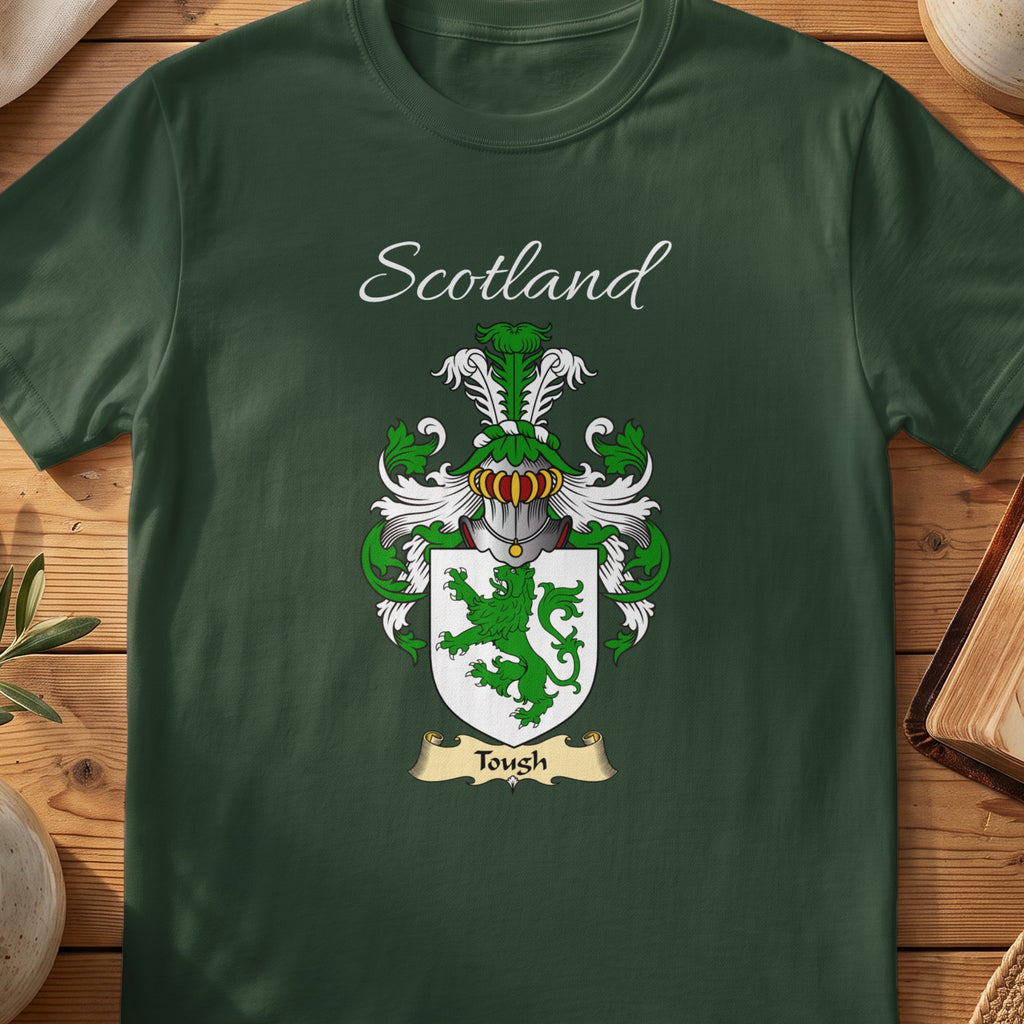 Forest Green Tough Scottish T-shirt laid flat with coat of arms artwork and “Scotland” text.