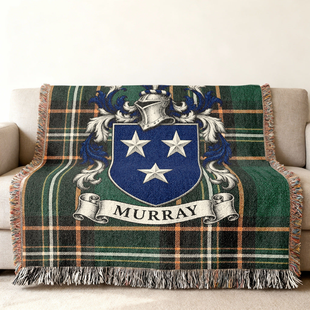 Murray family crest on Irish National Tartan woven blanket, detailed heritage design