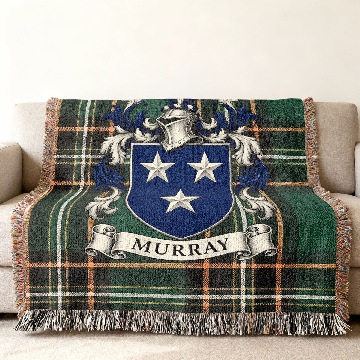 Murray family crest on Irish National Tartan woven blanket, detailed heritage design